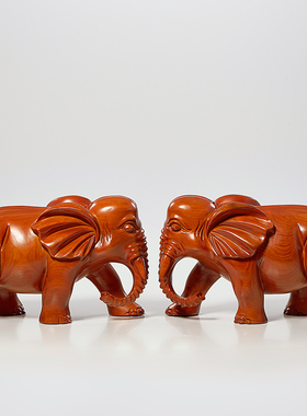 实木雕刻大象摆件一对木质象落地玄关柜客厅手工艺品开业乔迁礼品