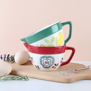 华孚手绘陶瓷搅拌碗 小号打蛋碗烘焙调面糊引流碗带尖嘴碗料理碗