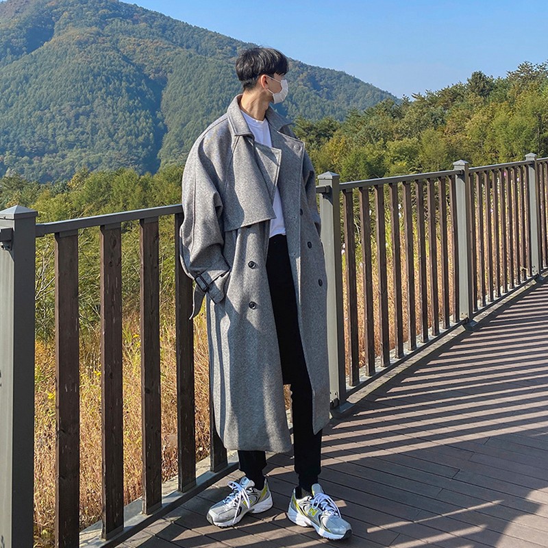 男妮子冬季外套格子大衣长袍外套廓形风衣中性毛呢大衣男中长款