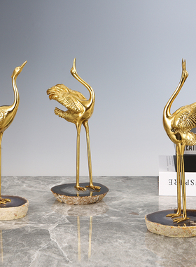 轻奢华天然玛瑙黄铜仙鹤客厅玄关摆件样板房间电视柜家居软装饰品