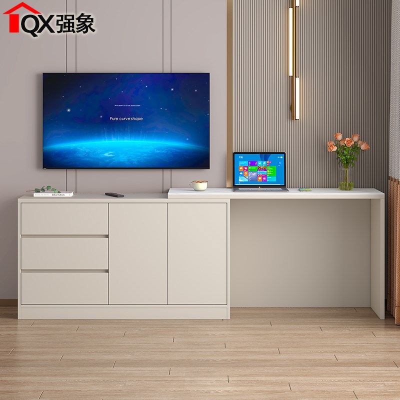 奶油风伸缩卧室电视柜书桌一体岩板旋转电脑桌梳妆台收纳柜D32