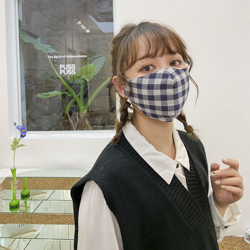 时尚洋气格子清爽款韩版百搭秋冬季女神防风防寒透气纯棉口罩保暖