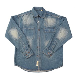 硬挺有型 美式复古做旧磨白水洗工装E衬衫 肘部补丁宽松牛仔衬衣6