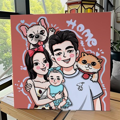 结婚纪念日老公生日礼物卡通手绘画定制全家福挂画画Y定制礼物油