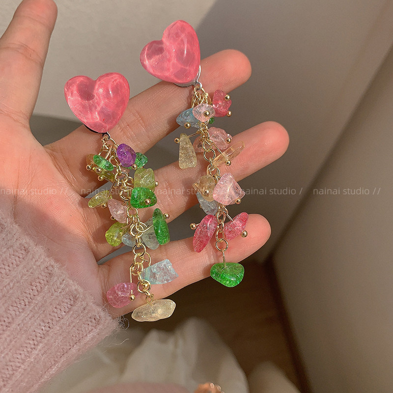 爱心串珠流苏耳钉~粉色水晶长款碎石度假风耳环甜美少女法式耳饰,饰品/流行首饰/时尚饰品新,耳钉,淘宝优惠券,粉丝福利购,淘宝优惠卷