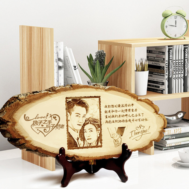 照片定制礼物结婚周年纪念生日礼物教师节送情侣椭圆木版刻画礼品