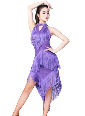 黑蓝色红色紫f色新款高领亮片拉丁舞裙伦巴不规则流苏连衣裙舞台