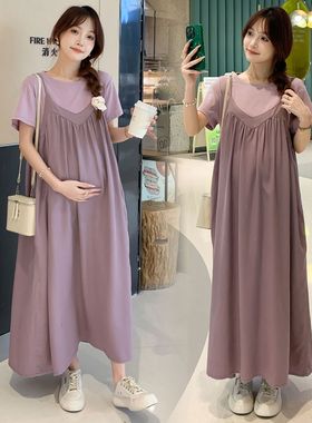 2024新款夏装简约甜美s淑女宽松连衣裙两件套装短袖T恤+过膝背带