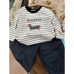 波拉bora韩国童装男童长袖t恤秋季帅气韩版条纹秋装儿童早秋体恤