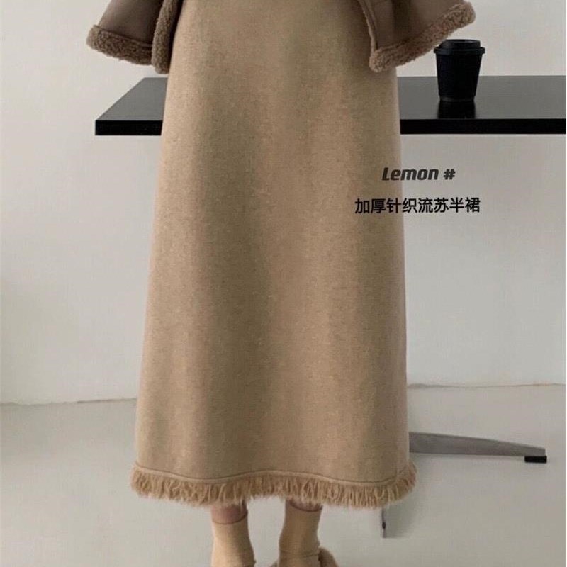 孕妇半身裙秋冬装针织流苏包臀开叉显瘦a字打底毛线中Z长款一步裙
