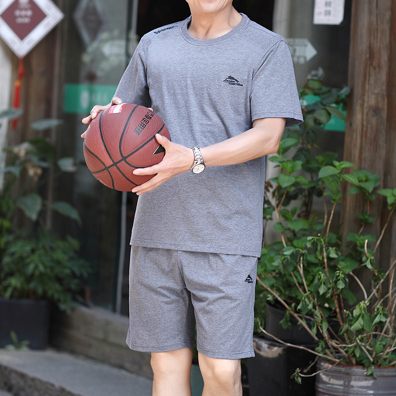 爸爸纯棉短袖短裤夏装运动服中老年人休闲L运动套装中年男士两件