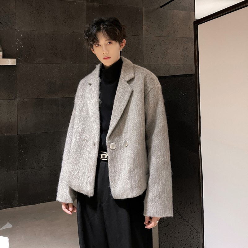 秋冬款毛呢短款外套男高级感轻奢重磅呢子西服潮流V韩版呢料夹克