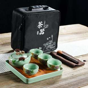 汝窑国色天香茶具套装过滤手抓壶开片汝瓷陶瓷茶具旅行茶具便携包