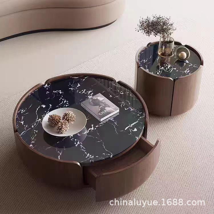意式花瓣茶几现代简约客厅高端创意设计岩板胡桃木圆形茶几组合
