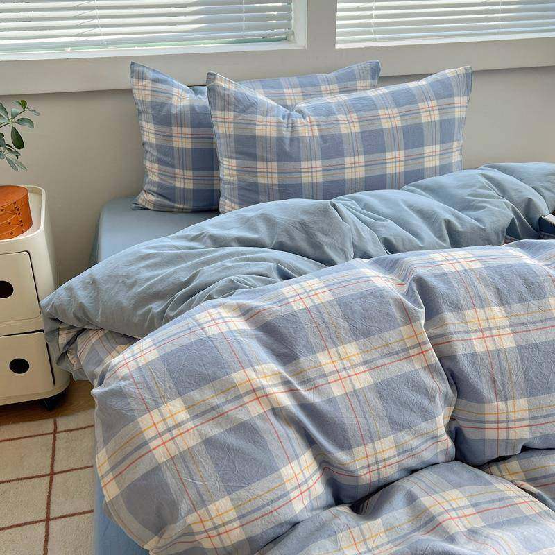 A类简约蓝色格子全棉色织四件套纯棉水洗棉床单被套学生床三件套