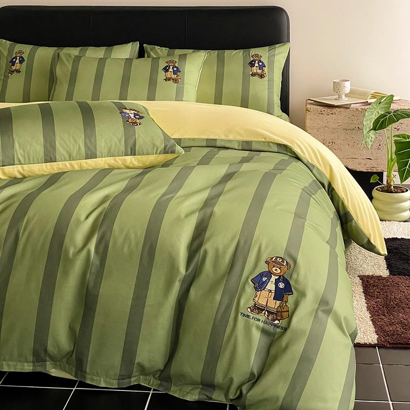 秋冬高档加厚纯棉磨毛刺绣四件套全棉条纹被套床上用品床单三件套