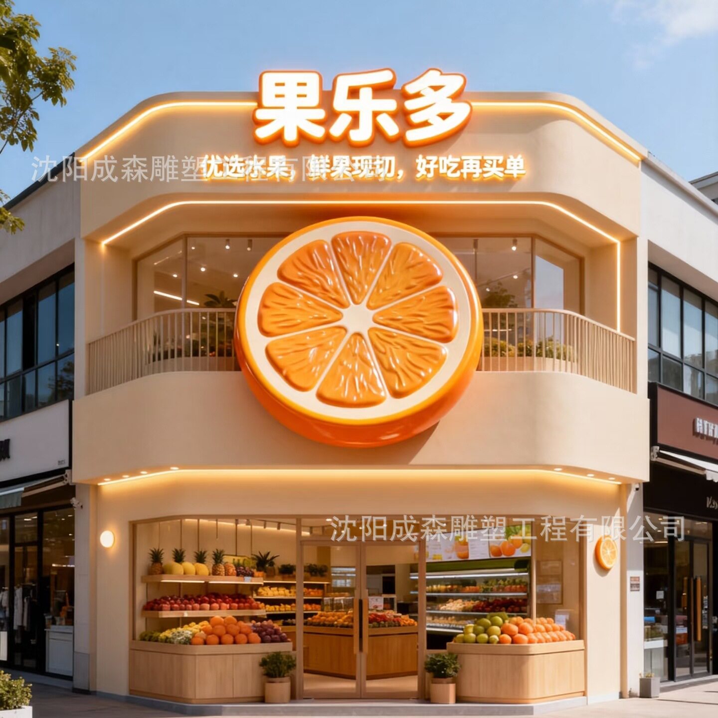 玻璃钢雕塑定户外制IP水果店门头打卡引流景观道具商场美陈厂家