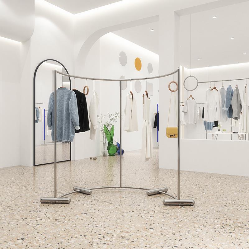 服装店展示架弧形落地式不锈钢中岛架男女装店货架陈列道具挂衣杆