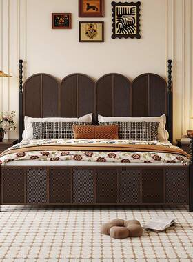 复古中古风全实木床高端罗马柱黑色美式轻奢主卧床双人婚床公主床