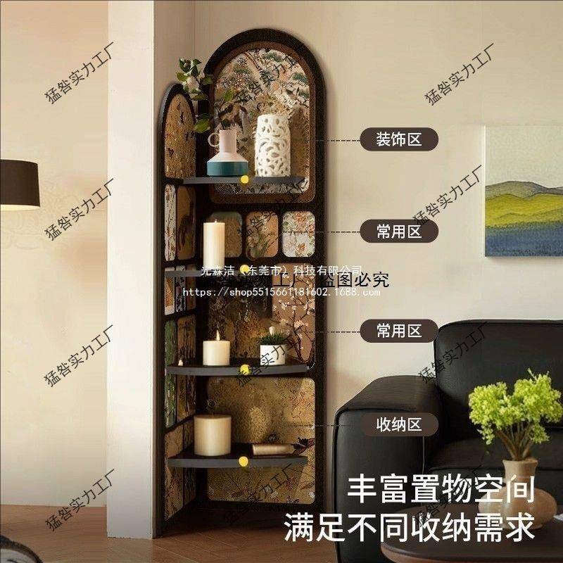 中古风转角置物架法式复古屏风书架一体靠墙三角收纳落地置物架木