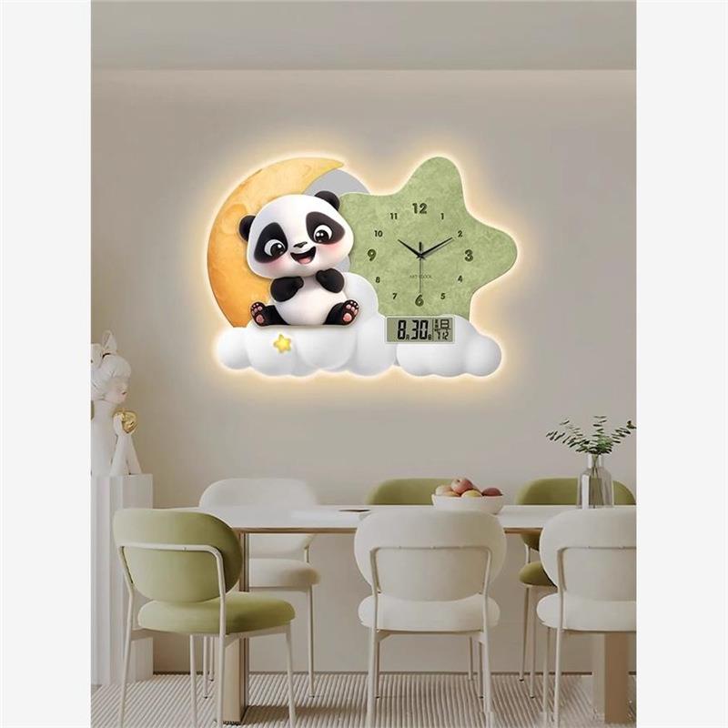 熊猫万年历电子钟表挂钟客餐厅儿童房卡通装饰画表挂墙创意灯时钟