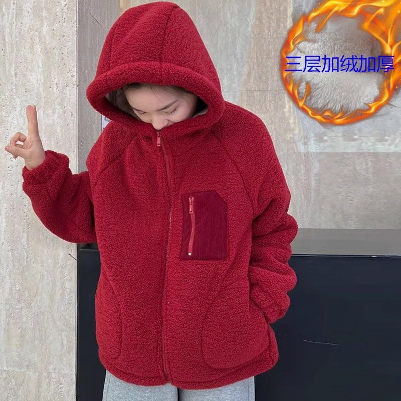 秋冬保暖颗粒绒连帽外套女