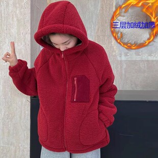 冬季保暖颗粒绒连帽外套女加绒加厚羊羔绒保暖上衣宽松显瘦棉服女