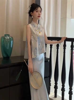 2025夏季网红新款新中式两件套裙女国风蓝色绸缎提花马甲+半身裙