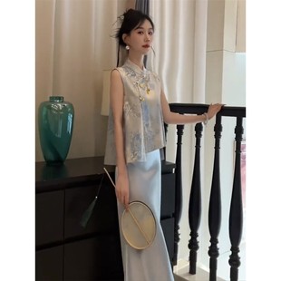 2025夏季网红新款新中式两件套裙女国风蓝色绸缎提花马甲+半身裙