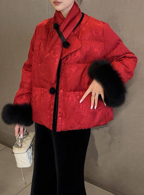 新中式红色短款棉衣女玫瑰扣可拆围脖国风外套新年棉服圣诞服