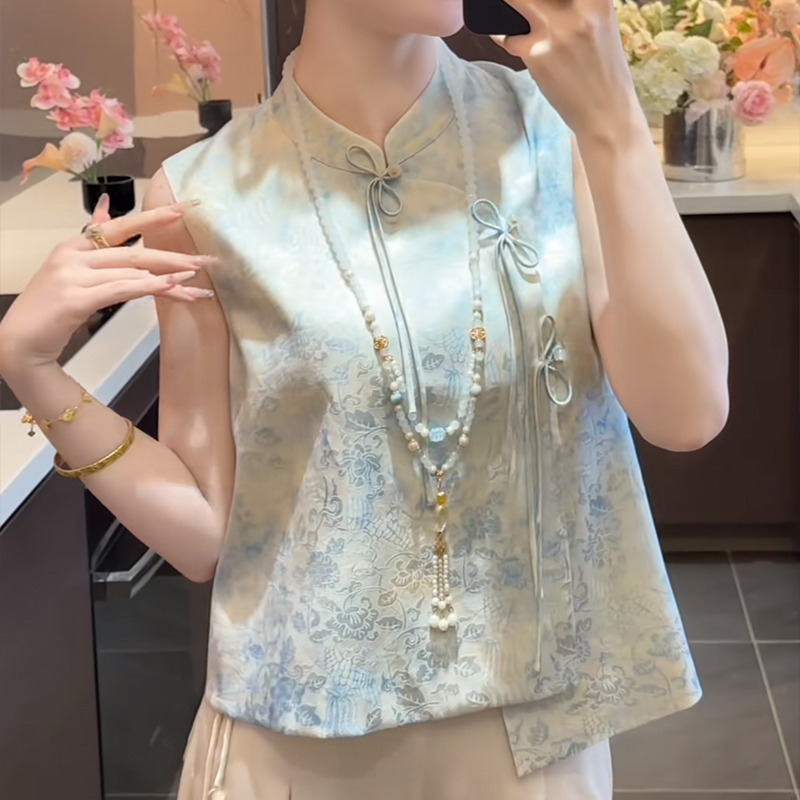 新中式醋酸缎面立领短袖上衣