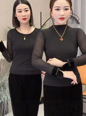 性感洋气百搭春秋网纱打底衫F国风袖口盘扣黑色T恤时尚百搭上衣女
