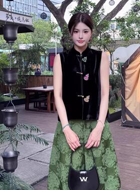 新中式重工立体彩色葫芦手工钉珠上衣女真丝丝绒立领宽松气质马甲