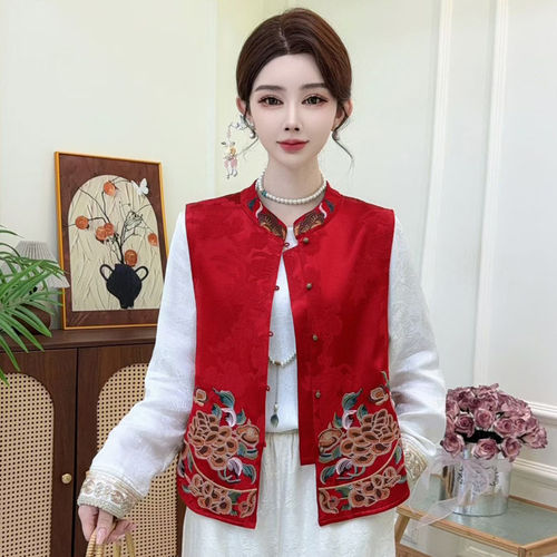新中式立领刺绣马甲女款宽松