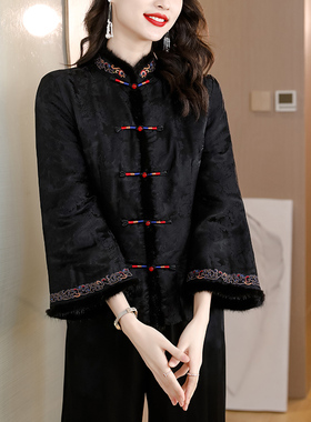 妈妈冬装外套中老年女装高端刺绣香云纱唐装小棉袄真丝棉衣棉服女