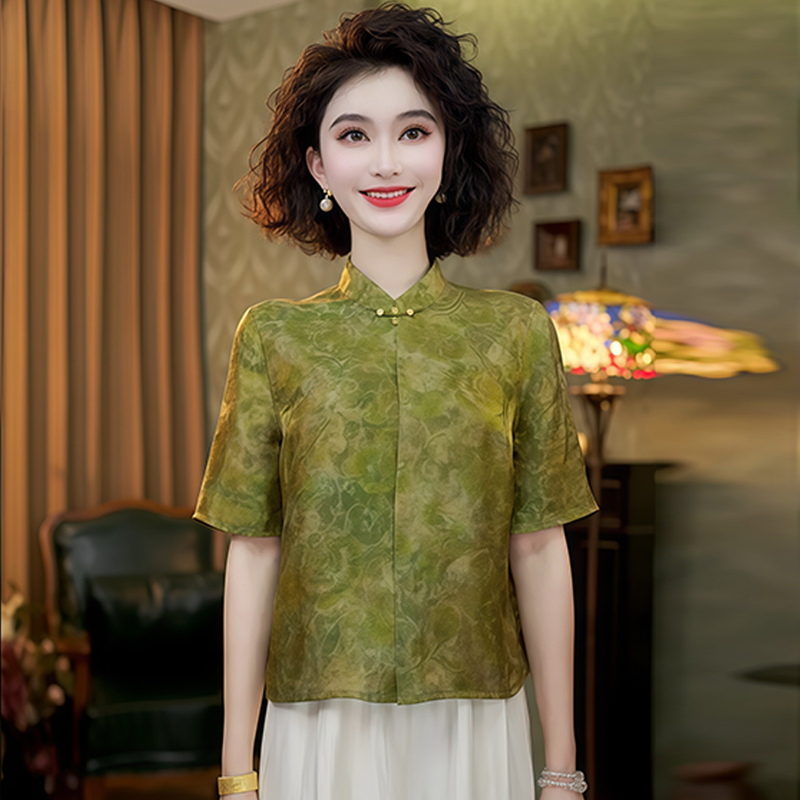 中式桑蚕丝香云纱衬衫女装短袖夏季新款绿色国风衬衣真丝唐装上衣