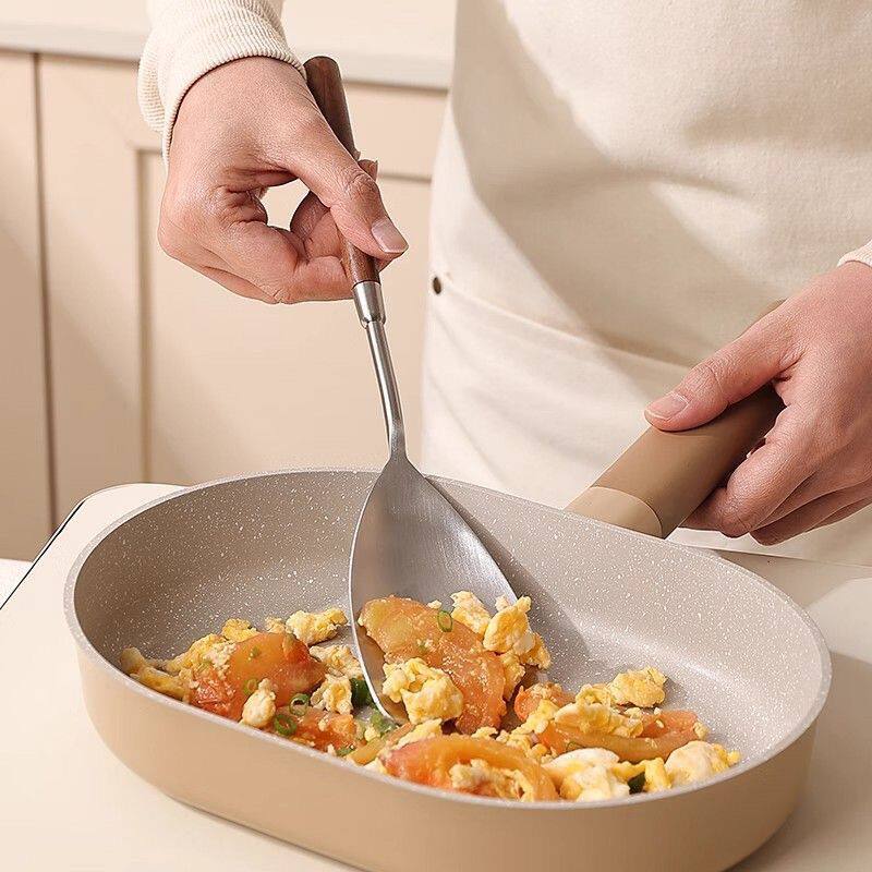 仿胡桃木迷你小锅铲炒菜家用不锈钢304食品级勺子套装厨房木柄老