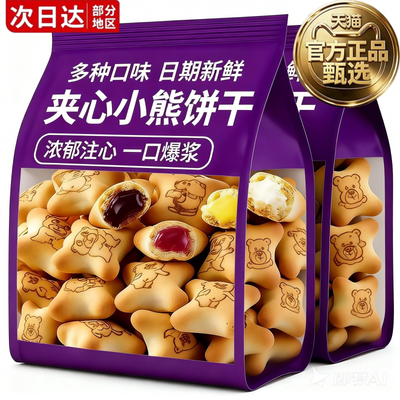 央妈推荐！夹心小熊注心饼干爆浆巧克力草莓夹心儿童趣味饼干零食