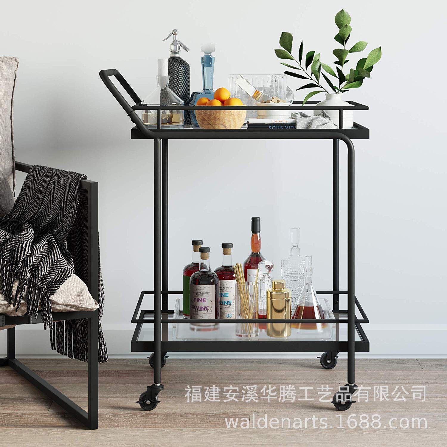 欧式铁艺小推车/滚动酒吧或推车茶或鸡尾酒两层玻璃黑色