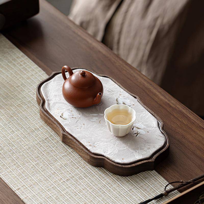 中式胡桃木布艺茶盘整块实木壶承家用复古百搭小型干泡台木质托盘