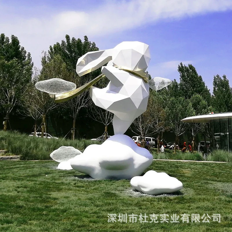 大型景观玻璃钢雕塑商场美陈户外公园不锈钢几何兔子卡通动物摆件