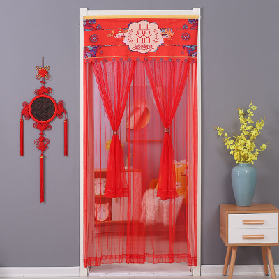 结婚女方陪嫁门帘卧室婚房门红喜帘蕾丝婚庆布置农村新中式隔断帘