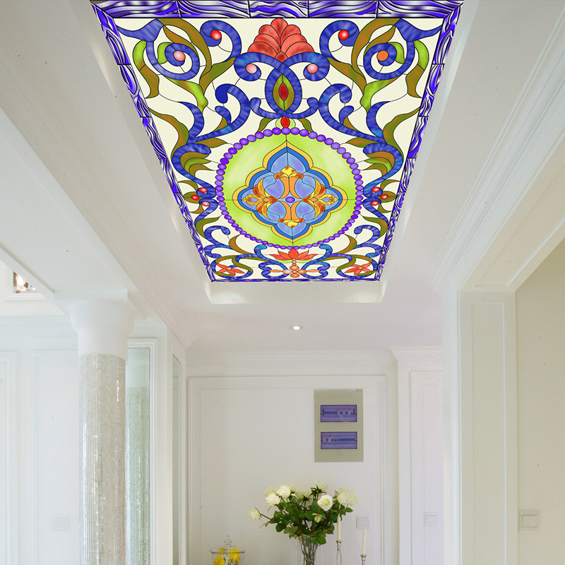 欧式艺术玻璃吊顶装饰彩色图案灯板定制亚克力透光板天花造型订制
