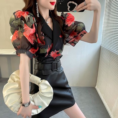 西装领花衬衣轻奢高级感短袖衬衫宽松夏季洋气小衫法式独特小上衣