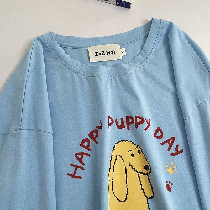 侘町2024新款puppy蓝黄长袖睡衣女春秋款薄款纯棉家居服夏季秋季