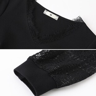 大码女装2024春秋新款长袖胖mm遮肚子显瘦藏肉蕾丝拼接直筒连衣裙