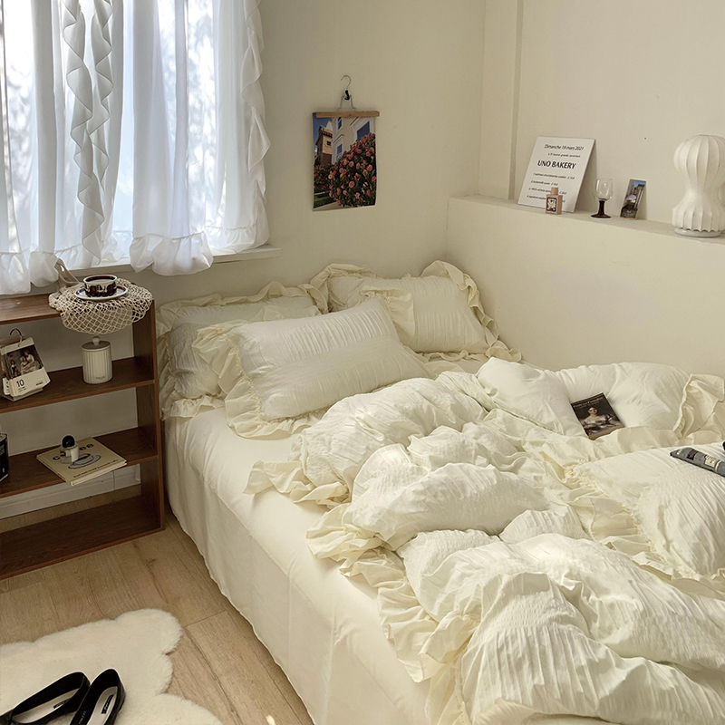 *月亮睡了*白百合 超嗲皱皱纱纯色四件套花边少女心床单被套床品