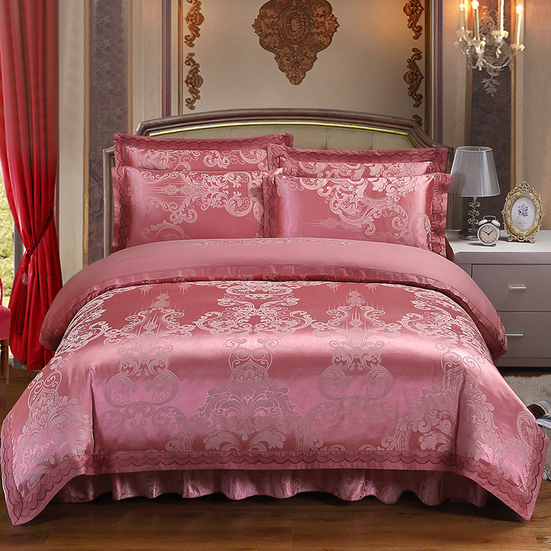 夹棉床裙四件套贡缎提花被套结婚庆床品欧式高端防滑床笠加厚床罩