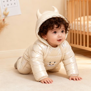 婴儿连帽连体衣加厚保暖男女宝宝冬季 免洗外出服卡通哈衣爬服