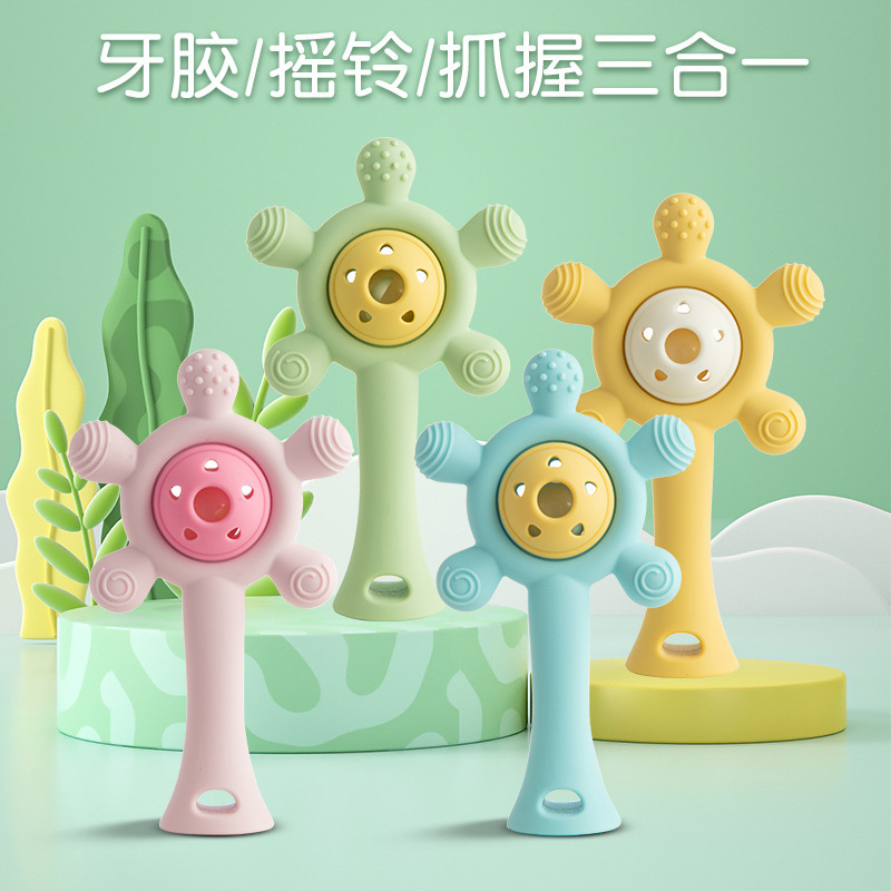 彩色可啃咬摩天轮婴幼儿硅胶手摇铃牙胶玩具发声安抚手握早教